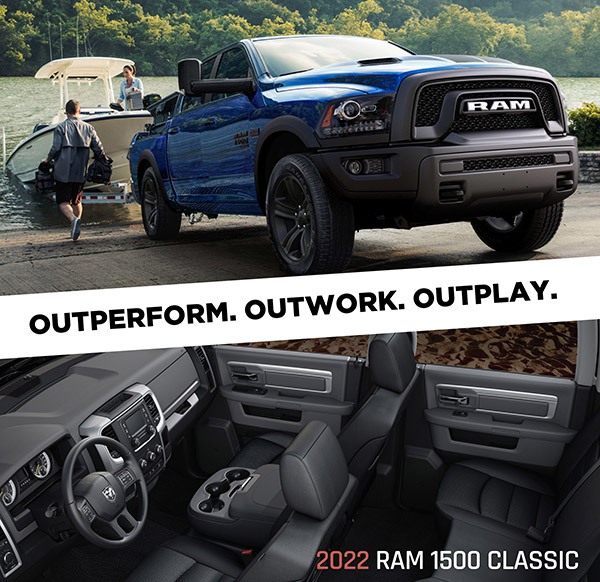 Image of blue 2022 Ram 1500 Classic on a boat ramp pulling a large fishing boat out of a mountain lake. | Image of dark gray interior of Ram 1500 Classic showing front and rear seating, dashboard, and consoles.