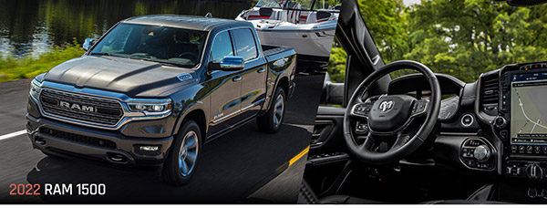 Image of a 2022 Ram 1500 towing a large waterski boat on a road alongside a river. | Image of a black interior of a Ram 1500 showing the dashboard, driver control area and multimedia touchscreen.