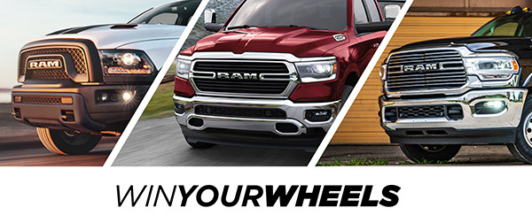 Image of three front grilles from Ram 1500 side by side above the Win Your Wheels wordmark.